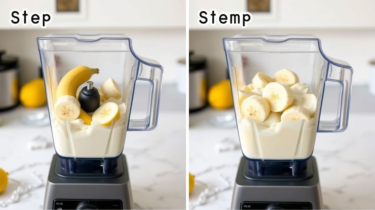 step-by-step image of blending ripe bananas with lemon juice, milk and cream in a blender to make creamy banana ice cream, kitchen setting, bright and clean background