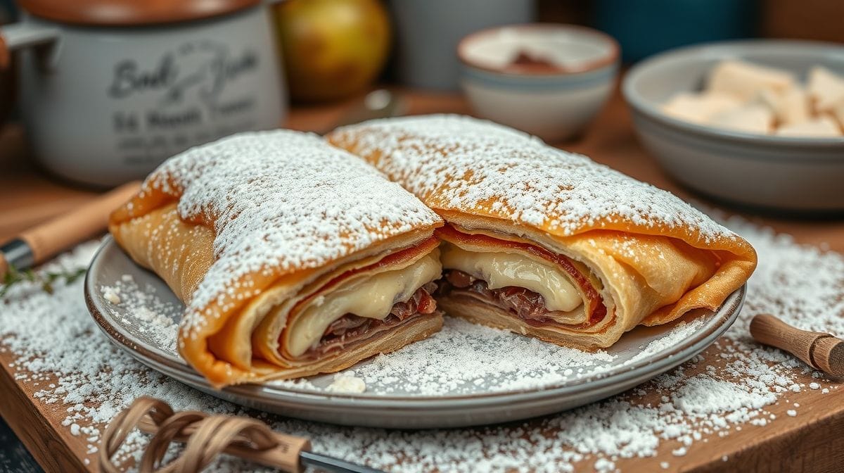 Close-up detalhado da massa fina e translúcida do strudel sendo aberta sobre tecido polvilhado com farinha, com destaque para textura leve e delicada, ambiente de cozinha rústica e utensílios de confeitaria ao redor