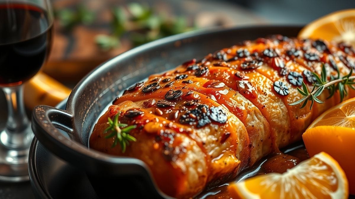 Imagem close-up de tender com laranja e especiarias em assadeira untada, mostrando cravos espetados e brilho do molho caramelizado, ao lado de taça de vinho branco e decoração rústica
