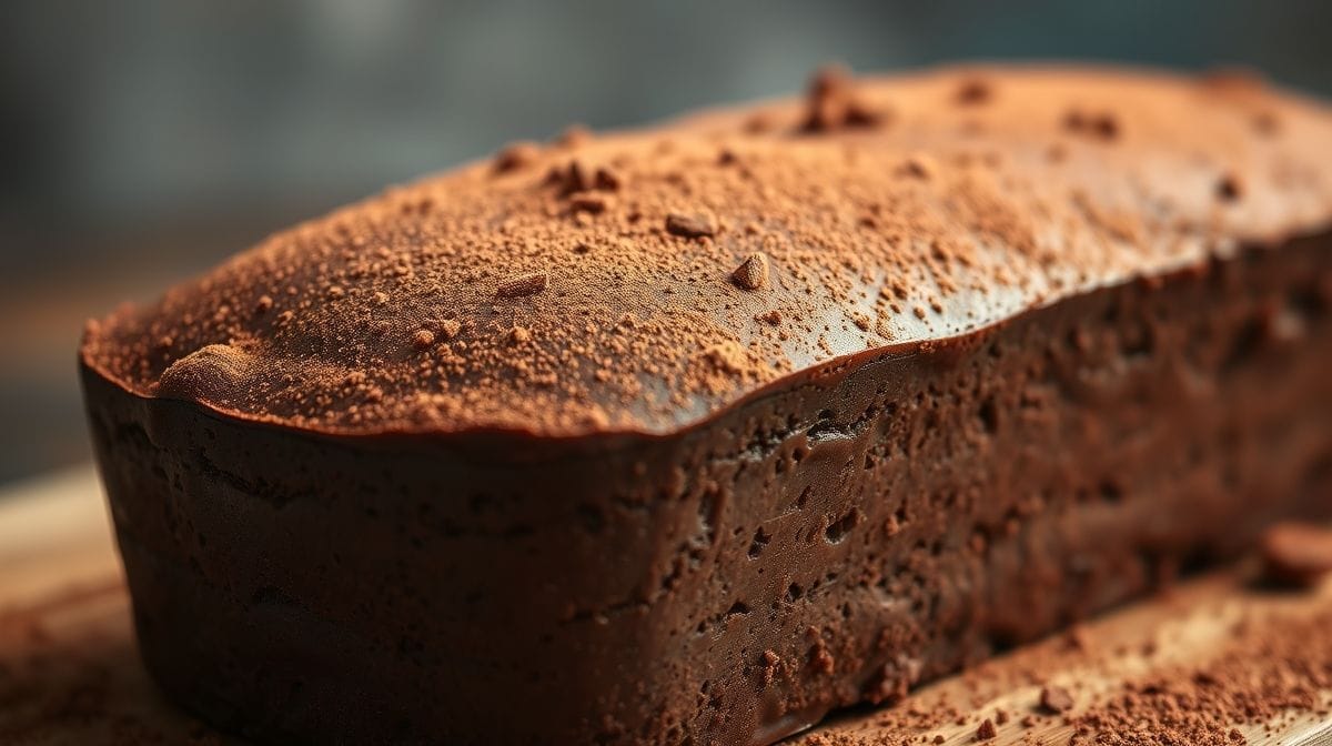 close-up de terrine cremosa de chocolate em forma de bolo inglês, textura aveludada e superfície polvilhada com cacau em pó, fundo desfocado
