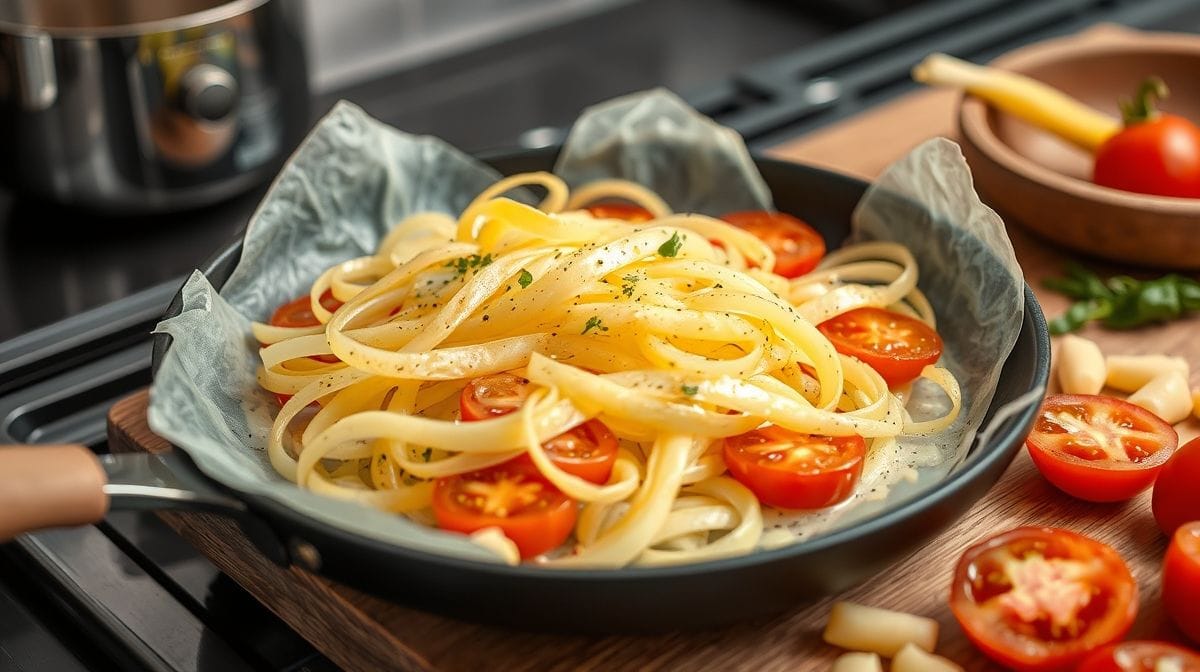 Imagem detalhada do processo de preparo de tilápia no papelote, mostrando os filés temperados com limão, alho, sal e pimenta colocados sobre papel manteiga, com rodelas de tomate e fatias de cebola ao redor, cozinha moderna