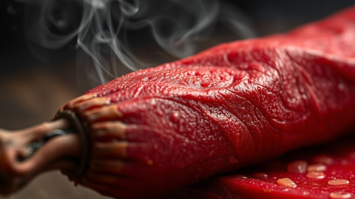close-up de chouriço defumado cortado em fatias, mostrando textura e coloração vermelha vibrante, em fundo neutro com toque artesanal