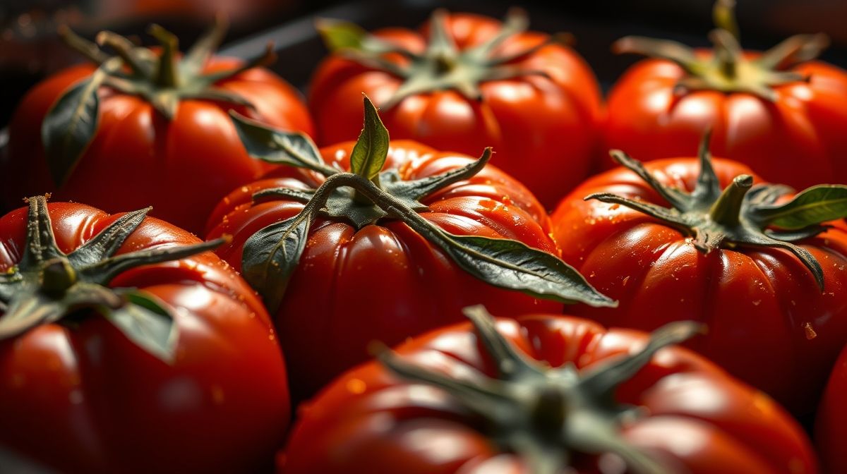 Close-up de tomates rústicos cortados ao meio, cobertos com ervas frescas e azeite, assando lentamente em um refratário de vidro no forno, mostrando detalhes da textura e cor vermelha intensa