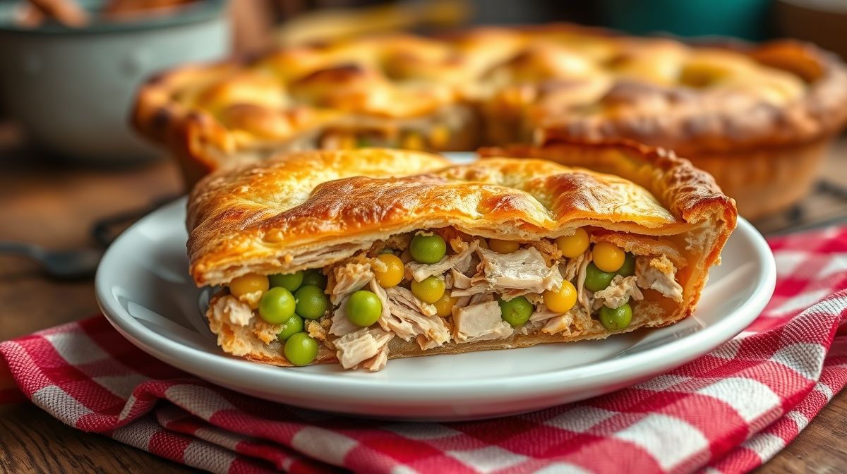 close-up de fatias da torta caipira mostrando textura da massa crocante e recheio de frango desfiado com milho e ervilha, em prato com guardanapo de tecido vermelho xadrez
