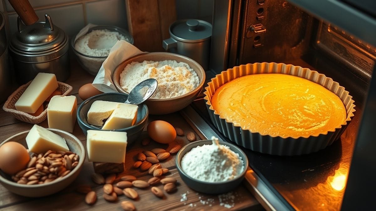 Imagem detalhada da preparação da torta de amêndoa portuguesa, com ingredientes como manteiga, ovos, farinha de amêndoa e amêndoas em palito ao lado de uma fôrma com a massa assando no forno, estilo culinária caseira, ambiente acolhedor
