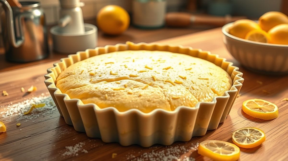Imagem detalhada do passo a passo da torta de limão francesa mostrando a massa crocante forrada na forma, com textura evidente da massa e raspas de limão espalhadas ao fundo, ambiente de cozinha caseira acolhedora