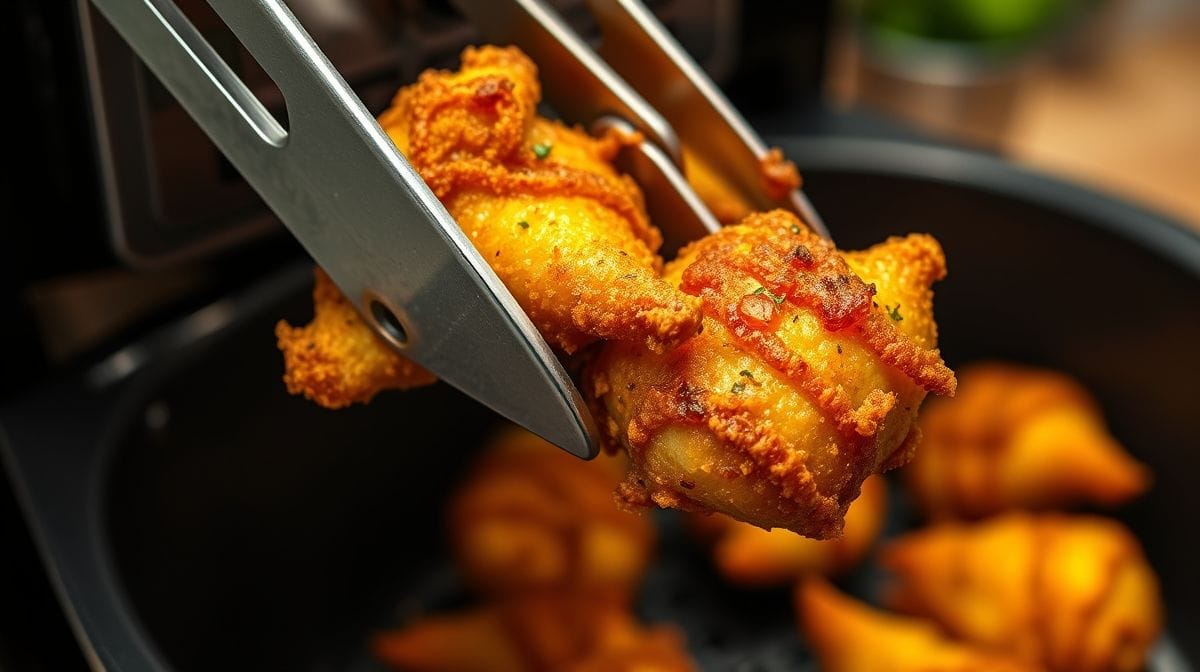 Detalhe close-up de tulipas de frango crocantes na airfryer sendo retiradas com pinça, mostrando textura dourada e apetitosamente temperada