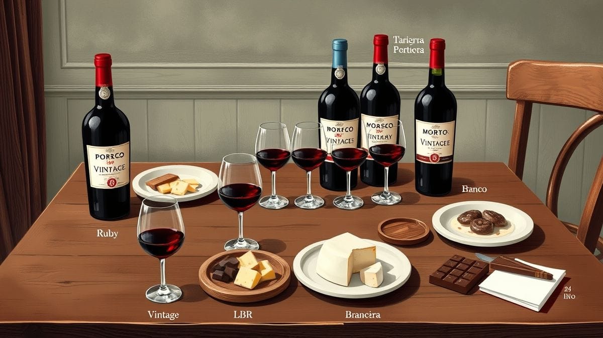 Imagem detalhada ilustrando os principais tipos de vinho do Porto: garrafas de Ruby, Tawny, Vintage, LBV e Branco sobre uma mesa rústica de madeira com taças de vinho e alguns acompanhamentos como queijos e chocolates