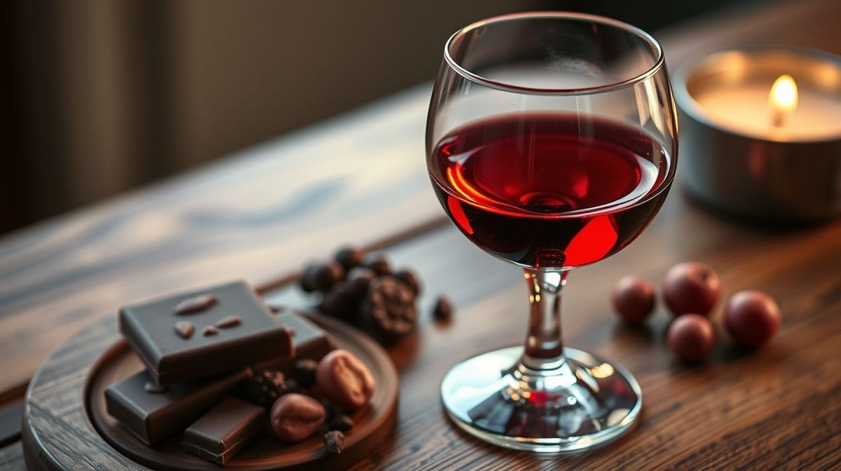 Close-up de uma taça de vinho do Porto ruby brilhante com reflexos vermelhos intensos, sobre mesa de madeira rústica, com nozes, figos secos e pedaços de chocolate ao lado, iluminação suave e ambiente acolhedor