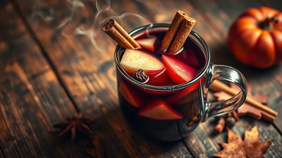 Close-up de uma caneca fumegante de vinho quente com pedaços de maçã e especiarias, decorada com paus de canela e cravos-da-índia, sobre uma superfície de madeira rústica