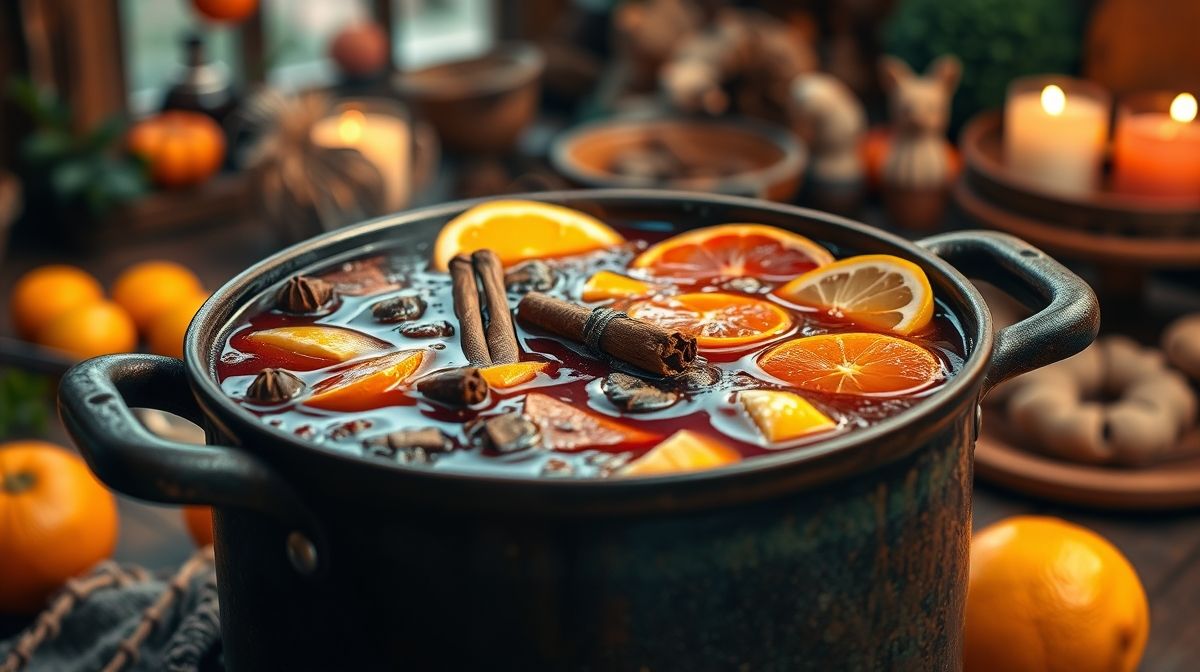 Panela com vinho quente sendo preparado, mostrando especiarias como cravo, canela e gengibre borbulhando junto com pedaços de frutas cítricas, ambiente acolhedor de festa junina ao fundo.