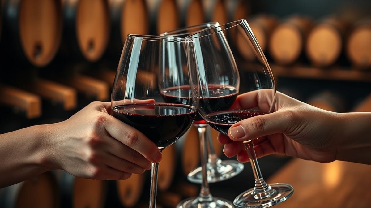 Foto em alta resolução de taças de vinho tinto e branco sendo servidos, com fundo de uma adega ou ambiente intimista, detalhes claros do líquido nos copos e cromática quente