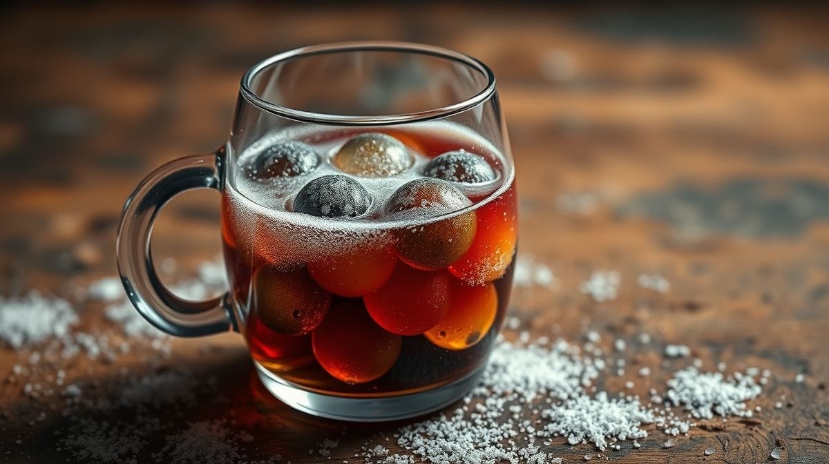 Imagem detalhada de uma garrafa de vinho frisante com bolhas visíveis e uma taça ao lado, sobre uma superfície rústica com fundo desfocado que remete a uma adega ou ambiente aconchegante