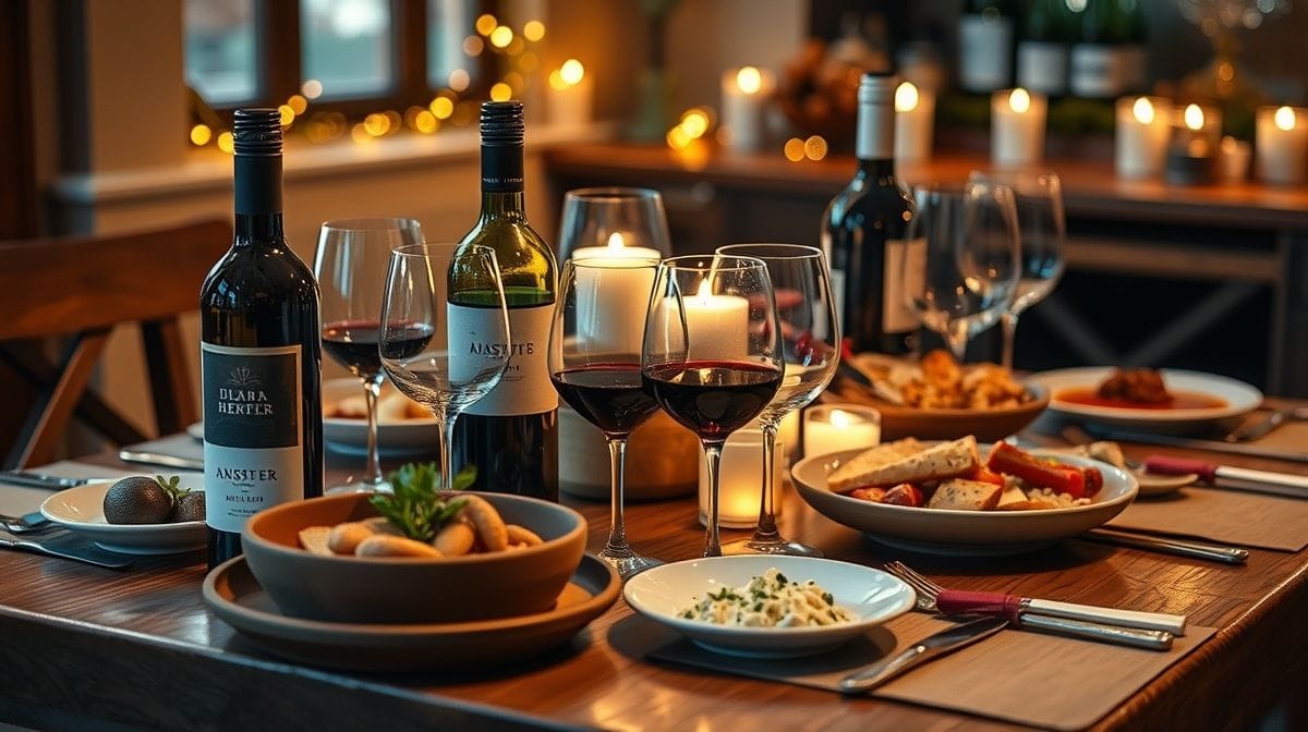 Seleção de vinhos tintos e brancos dispostos sobre uma mesa de madeira com pratos de comidas típicas de inverno, iluminação quente e ambiente acolhedor