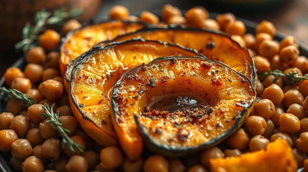 close-up de abóbora manteiga assada com grão de bico crocante ao redor, azeite e especiarias visíveis, ambiente rústico de cozinha, cores quentes e aconchegantes