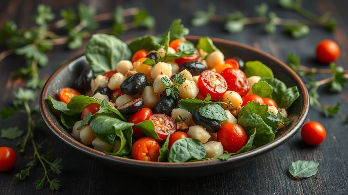 imagem de salada morna de legumes com vinagrete de ervas, legumes cozidos no vapor, textura fresca e vibrante, fundo branco suave
