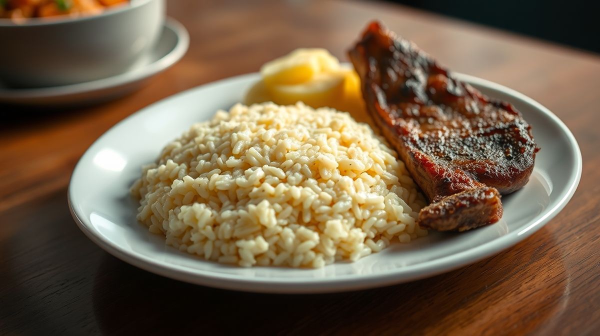 Close-up de arroz à piamontese cremoso servido em prato branco ao lado de costela com mandioca, apresentação gastronômica elegante, estilo culinária brasileira, luz suave