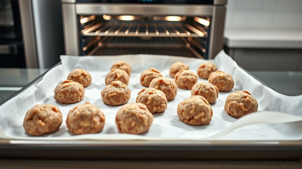 Imagem de almôndegas moldadas e organizadas em assadeira com papel manteiga, prontas para congelar, forno moderno ao fundo, estilo fotorealista, iluminação clara e ambiente de cozinha