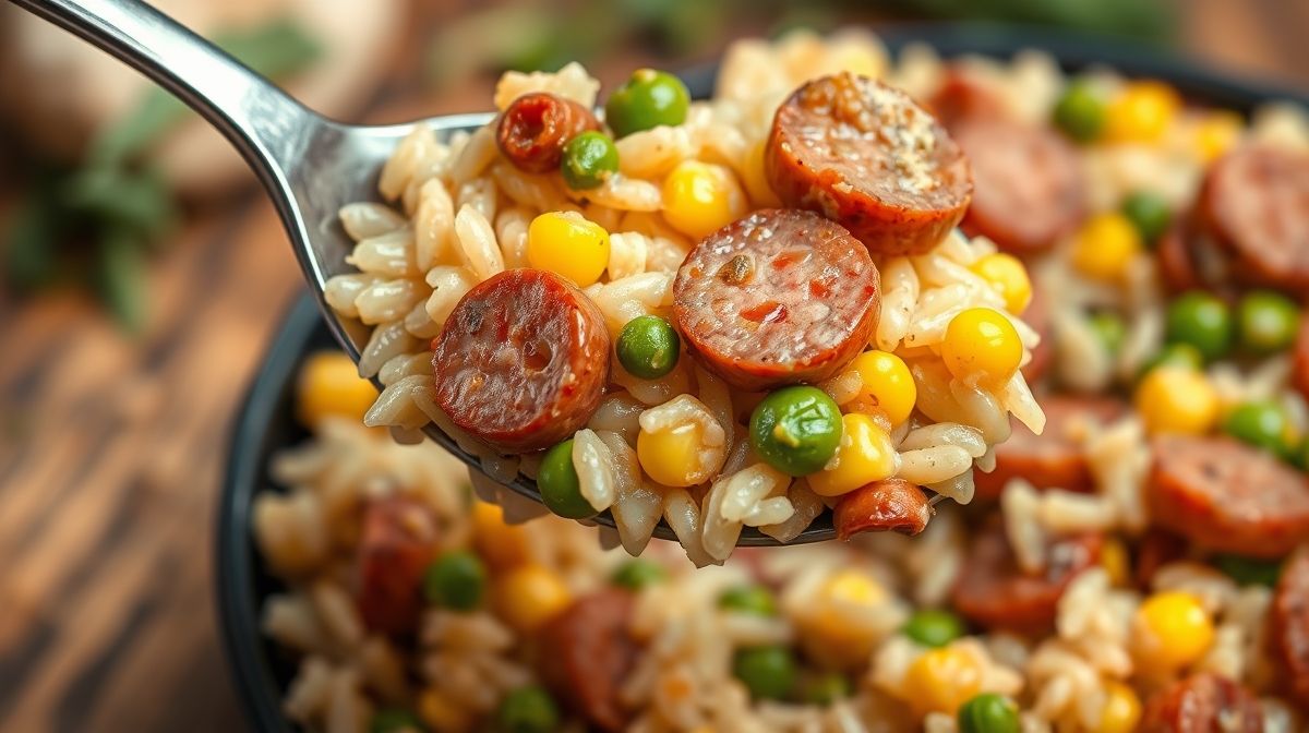 Close-up de uma colher retirando arroz de forno com linguiça, mostrando textura cremosa, pedaços de linguiça, milho e ervilha, fundo desfocado de mesa de madeira