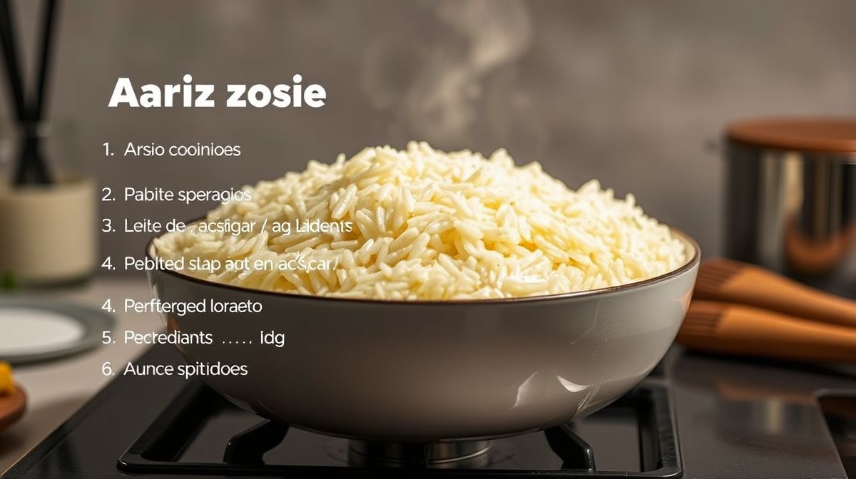 Imagem de passo a passo para preparar arroz doce com 3 ingredientes, panela com arroz cozinhando, ingredientes básicos como leite e açúcar ao lado, cozinha doméstica limpa e iluminada