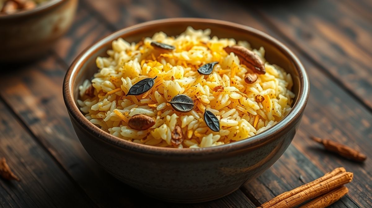 Close-up de arroz cozido sem alho e cebola com especiarias como louro, cúrcuma e ervas secas, servido em tigela de cerâmica, fundo de madeira rústica, estilo aconchegante e caseiro