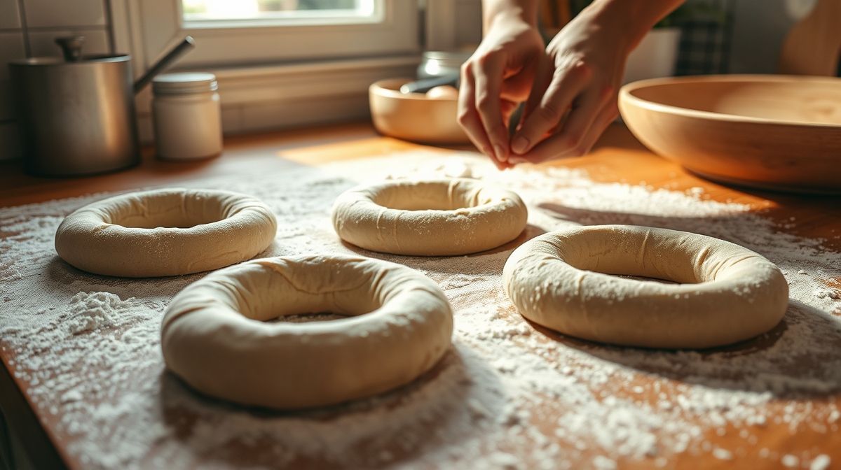 Imagem detalhada do passo a passo mostrando mãos moldando a massa do bagel sem glúten em formato de anel sobre superfície polvilhada com farinha sem glúten, ambiente de cozinha aconchegante, foco na textura da massa