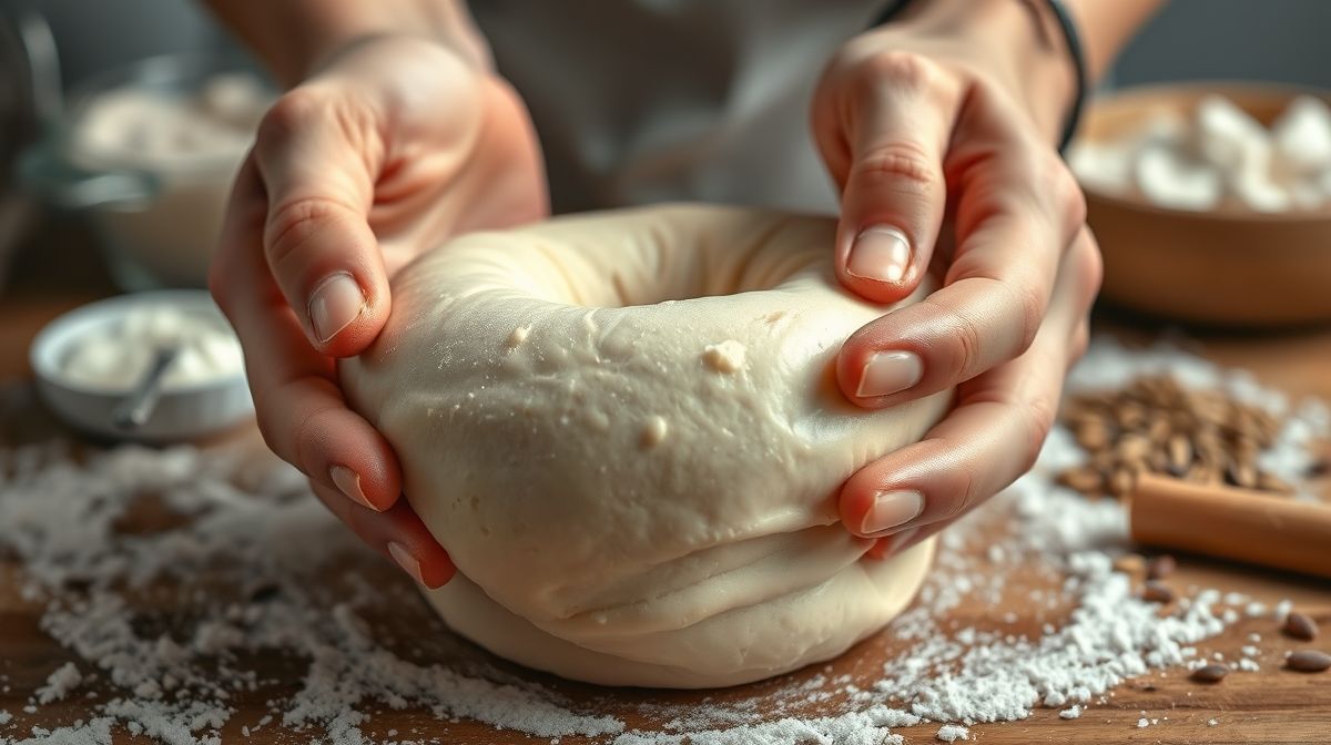 close-up de mãos moldando massa de bagel, mostrando textura macia, com fundo difuso de ingredientes como farinha, iogurte e sementes, ambiente de cozinha caseira