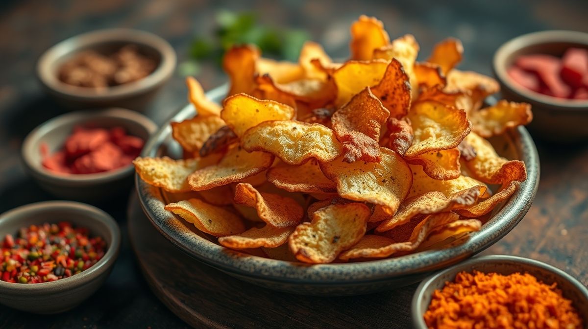 Close-up de batatas chips crocantes sendo servidas em um prato rústico, com temperos coloridos ao lado, iluminação suavemente difusa destacando a textura