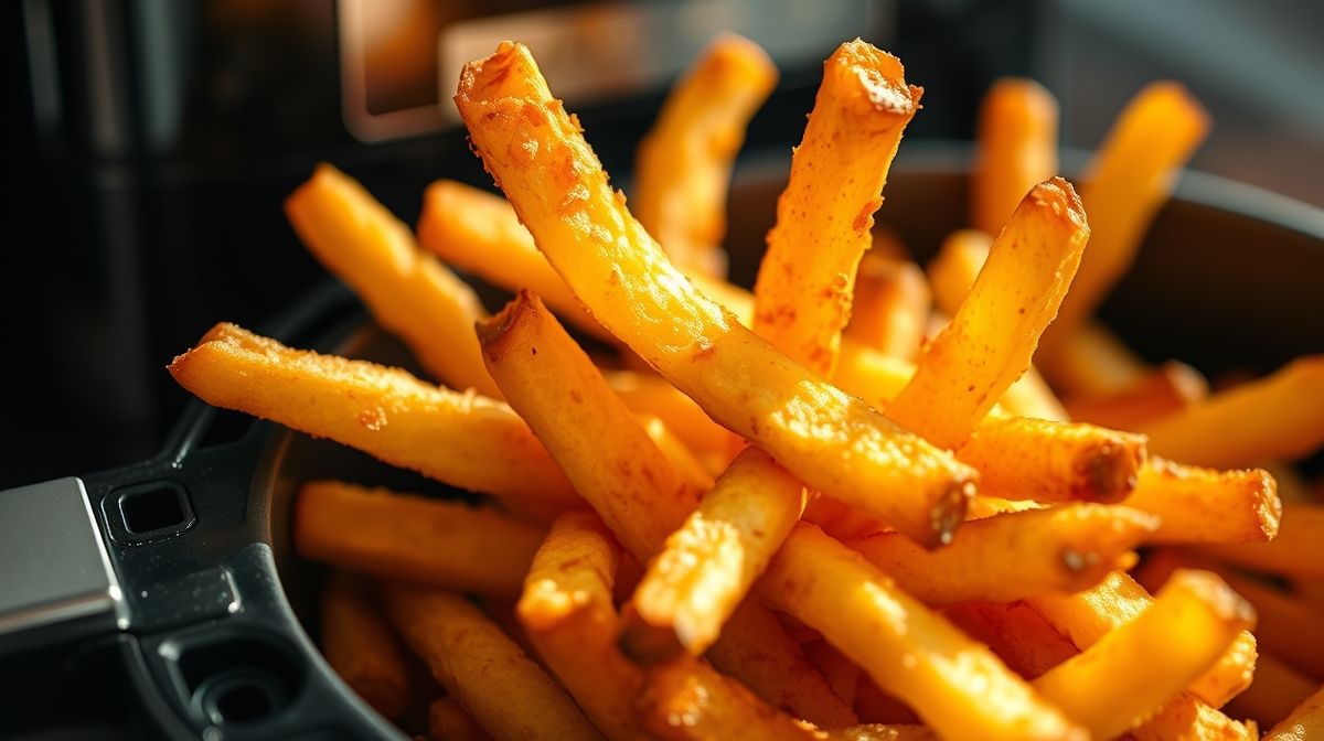 Close de batatas fritas caseiras crocantes sendo retiradas da airfryer, mostrando textura dourada e apetitosa, com detalhes do aparelho ao fundo, iluminação clara e cores vibrantes