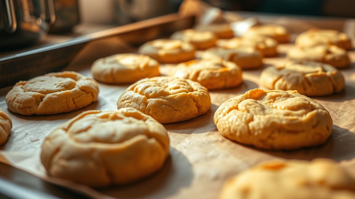 Biscoitos amanteigados recém assados sobre assadeira com papel manteiga, textura dourada, close-up, cozinha caseira, aparência apetitosa e artesanal