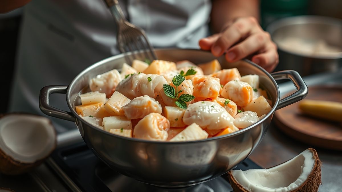 Imagem detalhada do preparo do bobó de frango, mostrando ingredientes como mandioca, frango desfiado e leite de coco, em uma cozinha profissional, atmosfera acolhedora