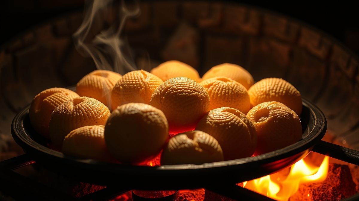 Imagem detalhada de bolinhos de batata sendo assados em forno aberto, mostrando textura crocante e cor dourada, culinária caseira, ambiente iluminado