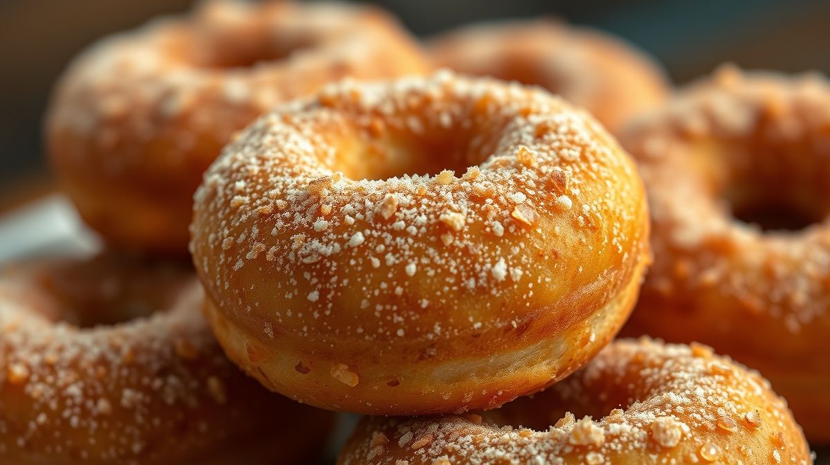 Close-up de bolinhos de chuva sem farinha de trigo, textura crocante e dourada, polvilhados com açúcar e canela, fundo desfocado, estilo fotográfico realista e apetitoso