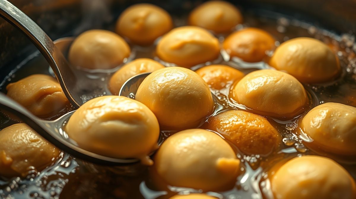 Imagem detalhada de bolinhos de chuva sendo fritos em um óleo quente, com colheres redondas modelando a massa, mostrando textura cremosa e dourada, estilo culinária brasileira tradicional