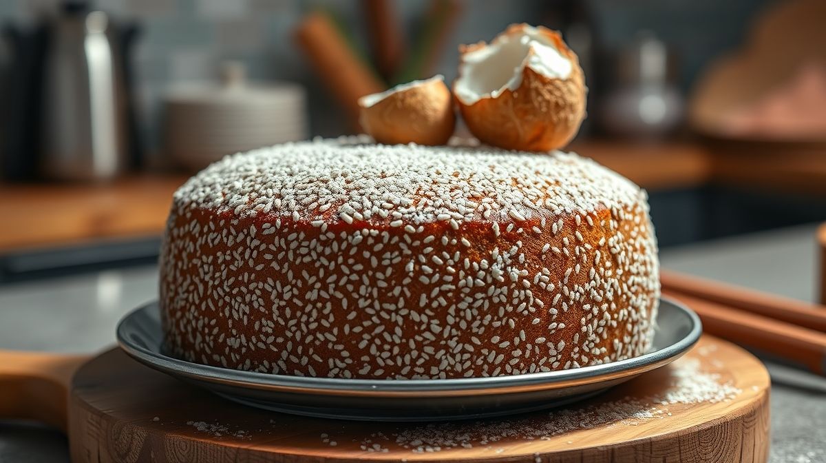 Imagem detalhada do bolo de aipim cortado, mostrando sua textura aerada e úmida, decorado com coco ralado, em ambiente de cozinha aconchegante