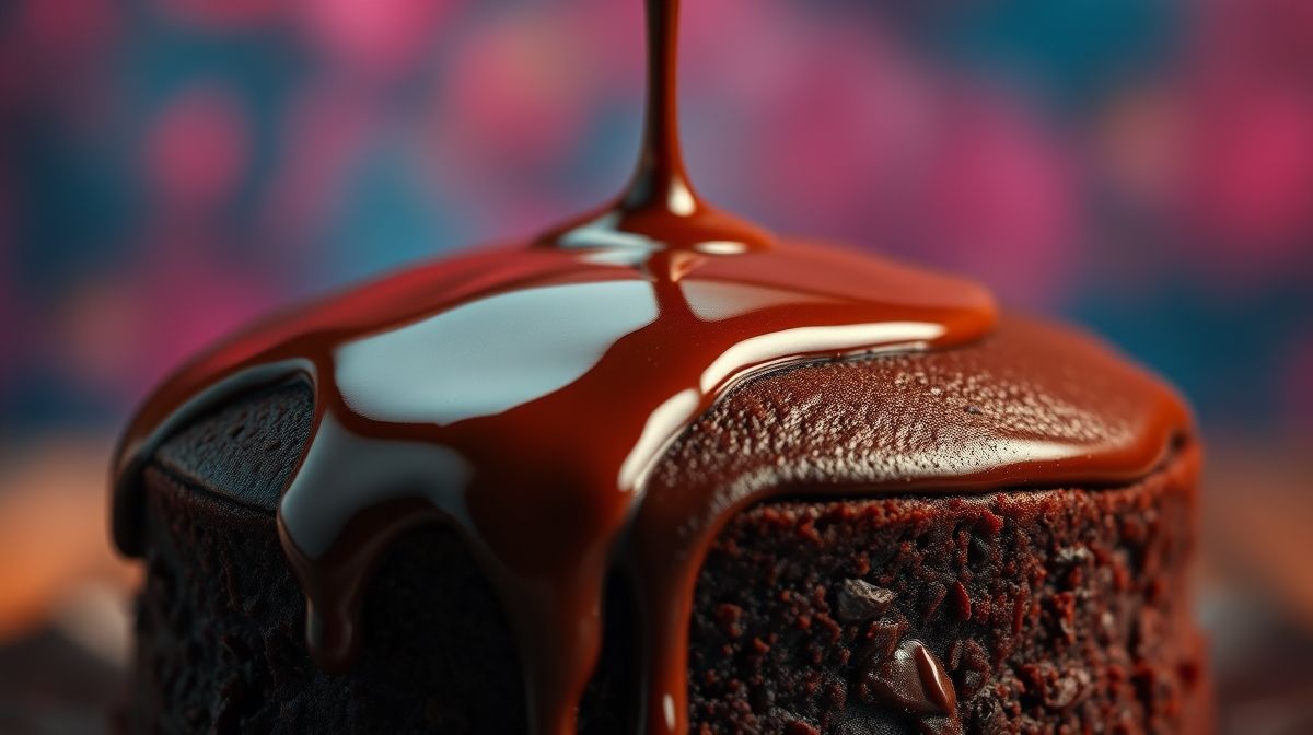 Detalhe da calda de brigadeiro cremosa sendo derramada sobre um bolo de chocolate macio, em estilo close-up, com fundo desfocado e cores vibrantes