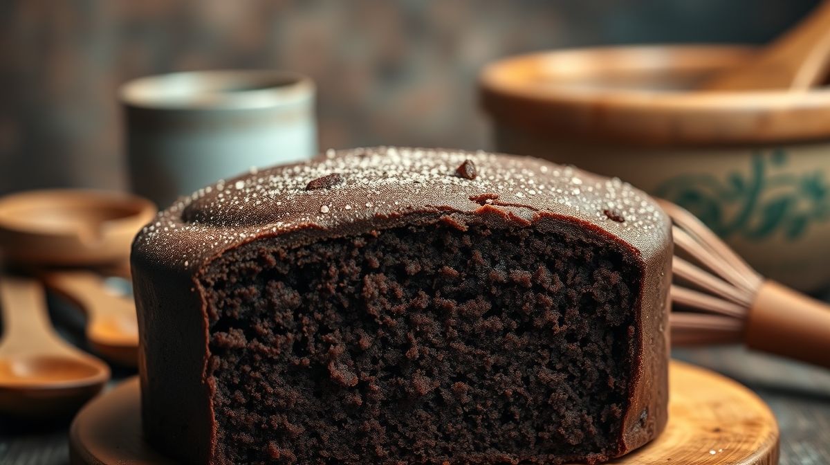 Imagem detalhada mostrando a textura interna do bolo de chocolate sem glúten, evidenciando maciez e umidade, com fundo desfocado e utensílios de cozinha ao redor