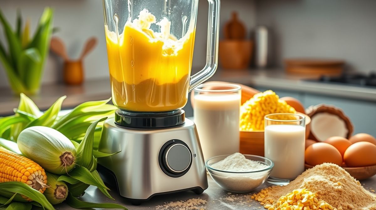 Imagem detalhada da massa de bolo de milho amarelinho no liquidificador, com ingredientes frescos ao redor, como milho verde, farinha de milho biju, ovos e leite de coco, em uma cozinha bem iluminada