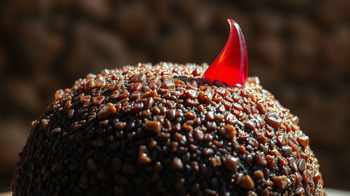close-up de brigadeiro em ponto de enrolar, granulado ao redor, textura cremosa e brilhante, fundo rústico, luz natural