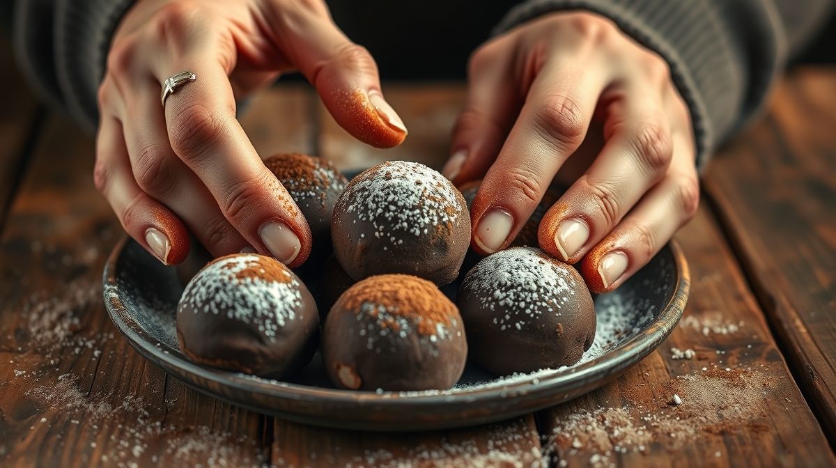 Close-up de mãos enrolando brigadeiros de café diet, mostrando textura cremosa com cacau em pó em superfície de madeira, luz suave e ambiente acolhedor