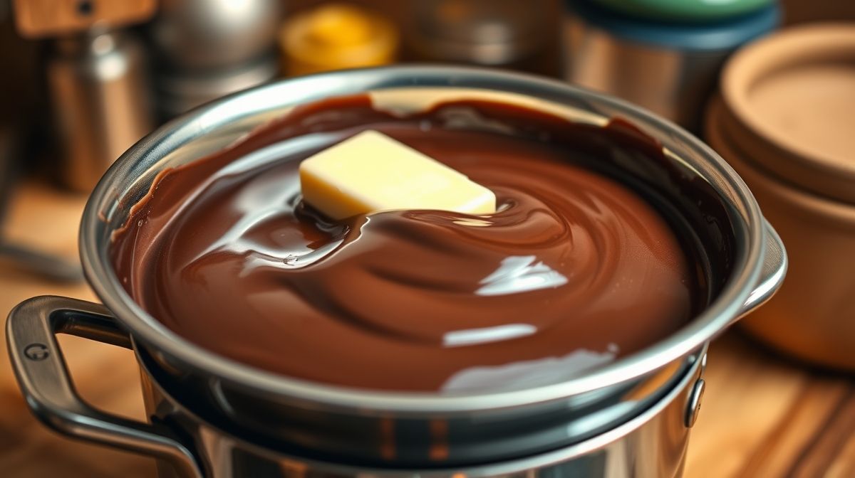 Imagem em close do processo de derretimento do chocolate meio amargo e manteiga em banho-maria, com uma tigela metálica sobre panela, fundo de cozinha caseira, textura cremosa do chocolate derretido