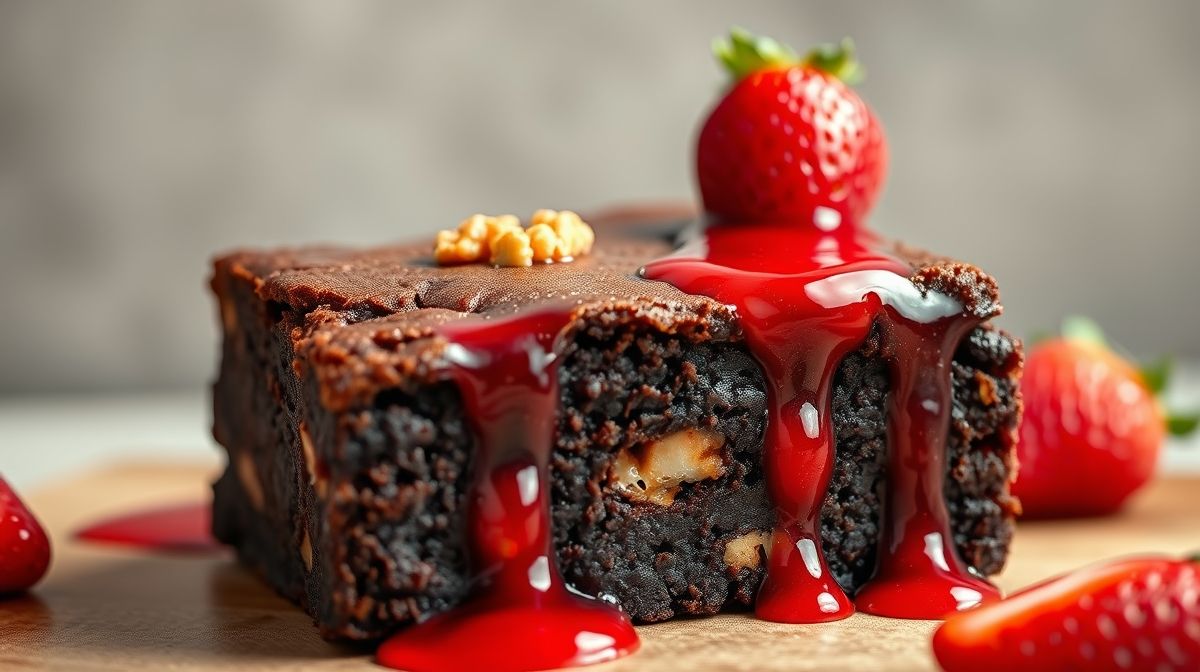 Close-up detalhado do brownie lowcarb cortado, mostrando textura úmida e pedaços de nozes, com calda de morango vermelha brilhante escorrendo, fundo neutro e iluminação clara