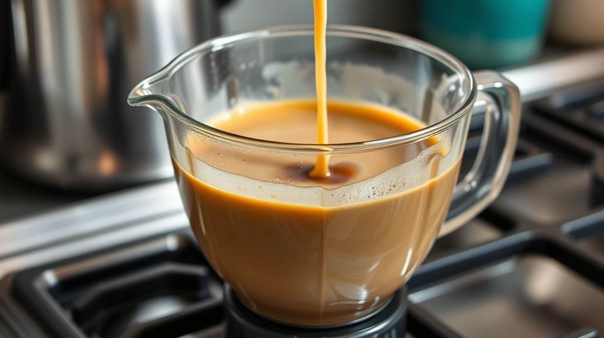 Imagem detalhada do processo de preparo do café cremoso: uma tigela transparente contendo a mistura de café solúvel, açúcar e água quente sendo batida com um fouet, ambiente de cozinha clara e limpa