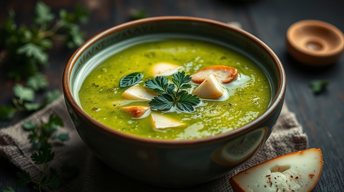 Imagem detalhada de uma tigela com caldo verde para 40 pessoas, mostrando a textura cremosa da sopa com couve picada flutuando e pedaços de linguiça defumada, em fundo neutro e iluminação natural, estilo realista e apetitoso