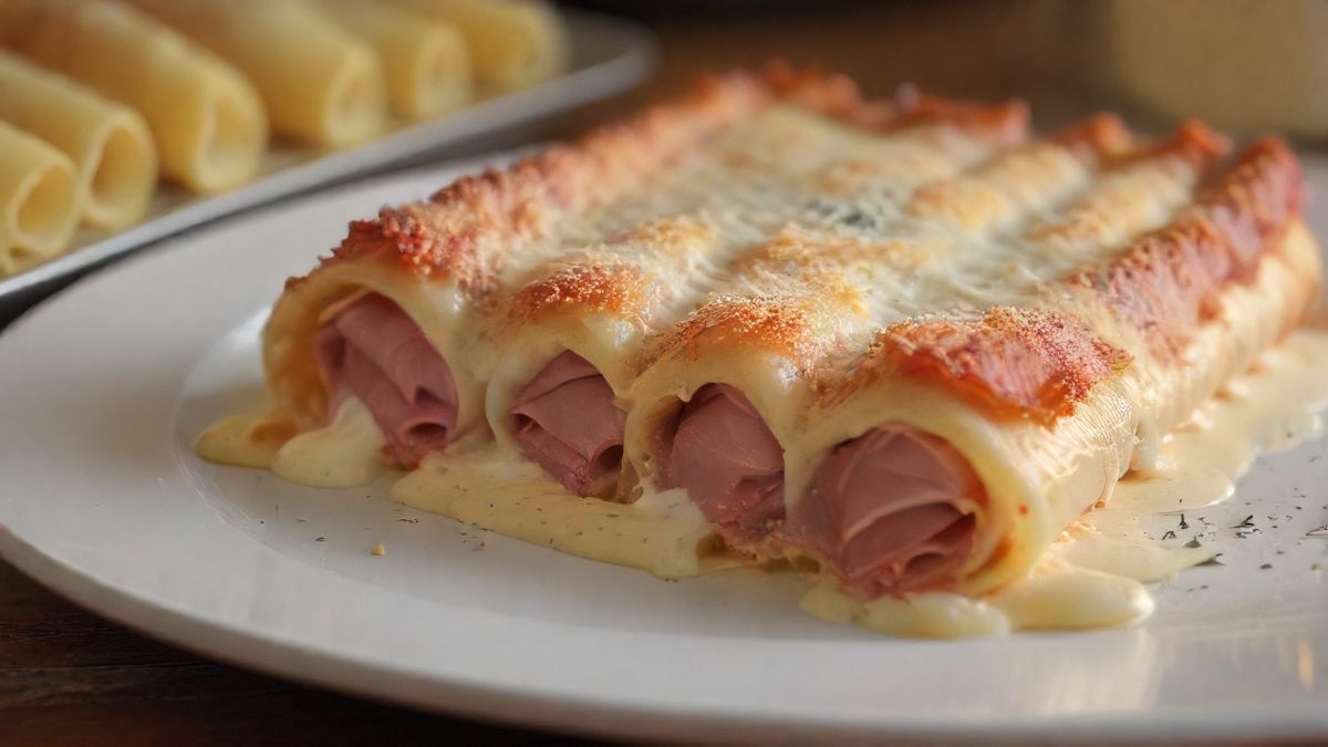 Close-up de uma porção de canelone gratinado de presunto e queijo, mostrando a massa envolta em presunto e queijo muçarela, molho branco cremoso e queijo parmesão gratinado com textura crocante, fundo desfocado de bancada de cozinha