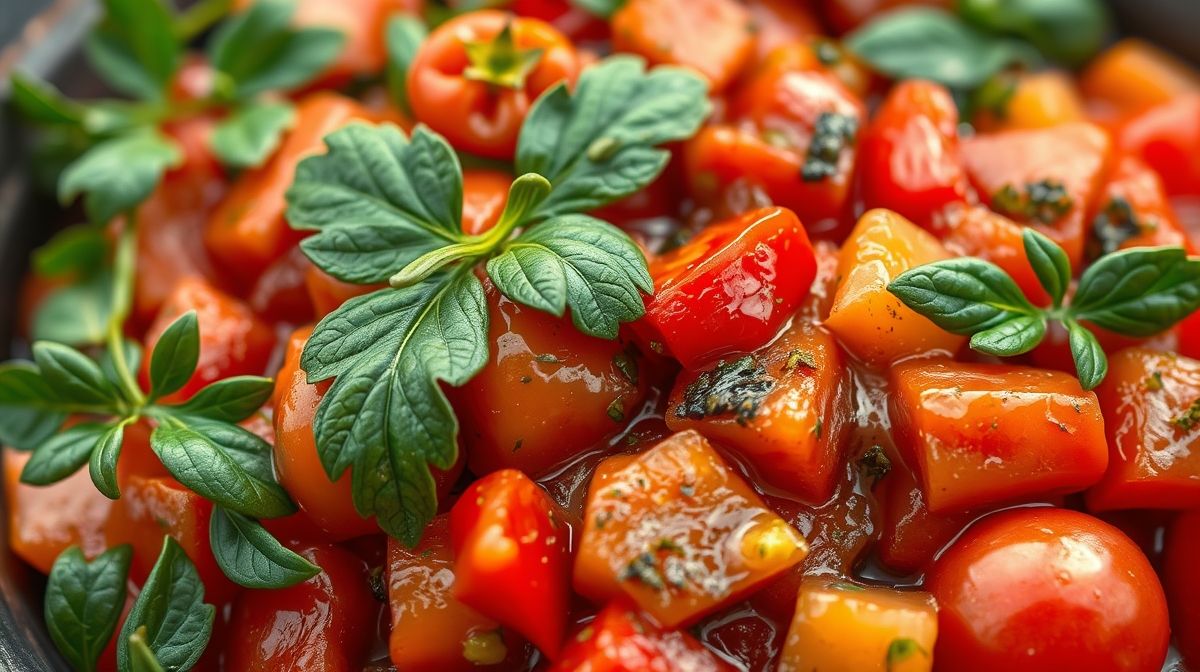 Imagem detalhada de caponata de berinjela com berinjelas, tomates, pimentões, azeite, ervas frescas, texturas apetitosas, foco em ingredientes naturais