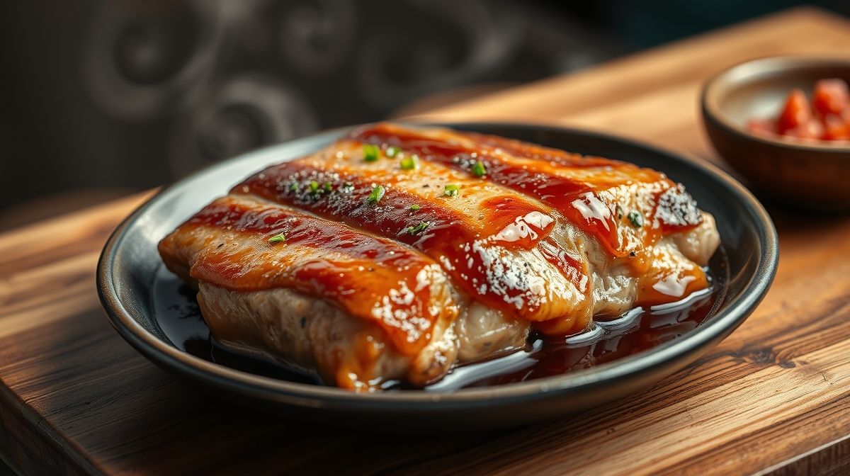 imagem close-up da carne de porco marinando em molho shoyu com gengibre e alho, tigela de vidro transparente sobre mesa rústica de madeira, tons quentes, composição delicada