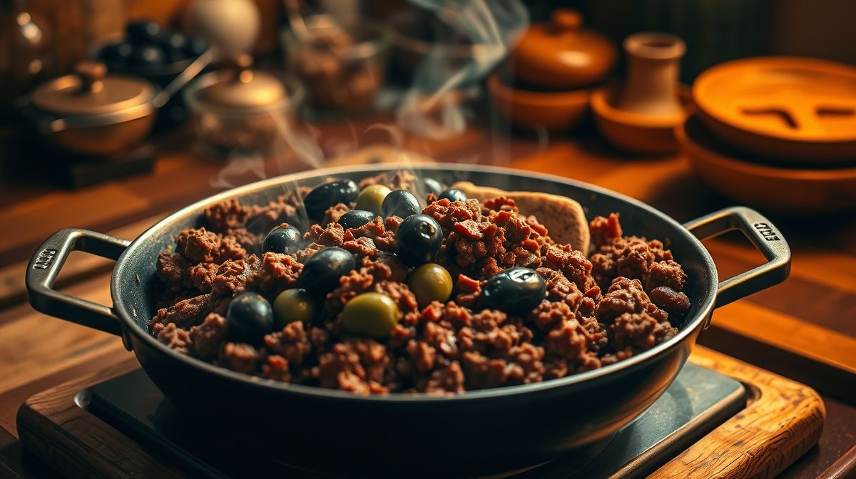 Imagem detalhada mostrando processo de preparo da carne moída com azeitonas em uma panela, foco no ato de mexer a mistura, cores quentes e ambiente acolhedor de cozinha doméstica