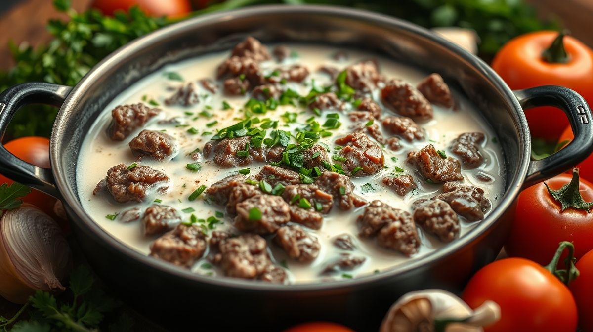 close-up de carne moída com molho branco dentro de uma frigideira, com cheiro-verde por cima, mostrando textura cremosa e ingredientes frescos ao redor, estilo comida caseira