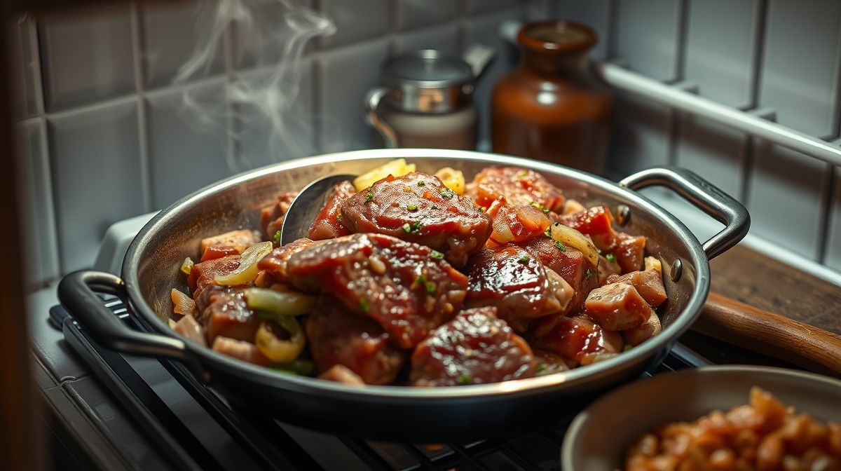 processo de preparo de carne seca acebolada em frigideira, carne seca desfiada sendo refogada com cebolas finas e alho, cozinha caseira com utensílios tradicionais, foco no alimento, iluminação suave